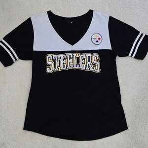 Womens Pittsburgh Steelers V Neck Rhinestone Logo‎ T Shirt Size  Large
